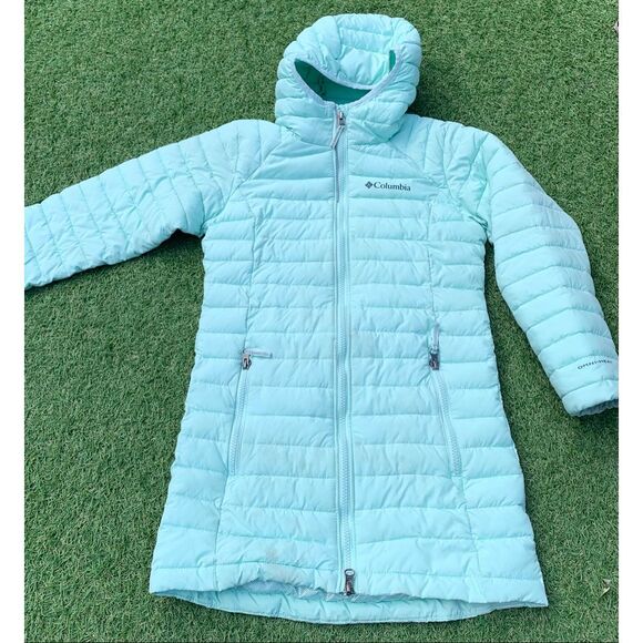 Columbia Omni Heat Long Hooded mint green Puffer Coat Jacket KIDS GIRLS sz S 7 8 - Picture 1 of 9